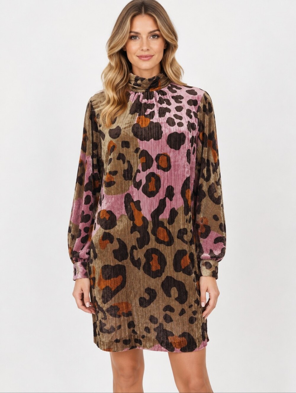 Anthropologie Velvet Leopard Print Dress Women 8 Mock Neck Long Sleeve Animal